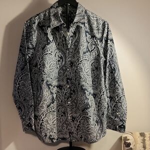 Lauren Ralph Lauren Women's Black and White Paisley Shirt-Size XL (No Iron)